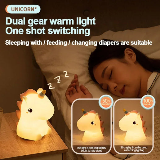 Luce notturna LED unicorno in silicone, ricaricabile e touch per bambini