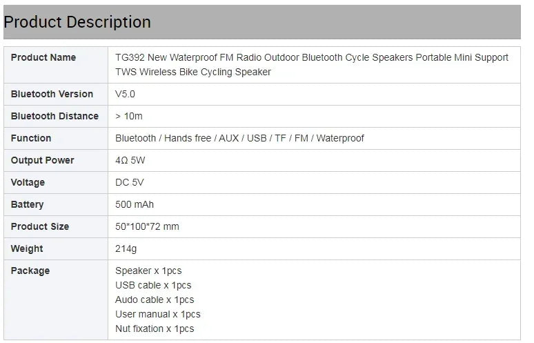 Altoparlante Bluetooth portatile TG392 impermeabile con radio FM per bici