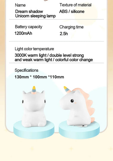 Luce notturna LED unicorno in silicone, ricaricabile e touch per bambini