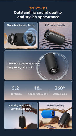 Altoparlante Bluetooth Zealot S32 portatile HIFI con radio FM e TWS