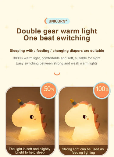 Luce notturna LED unicorno in silicone, ricaricabile e touch per bambini
